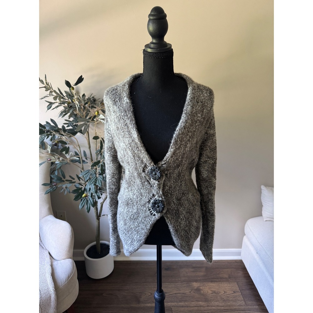 Dex Fresh Marled Gray Wool Blend Cardigan Floral Button Sweater Small